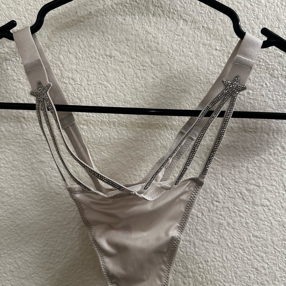 Victoria's Secret Satin Thong with Rhinestone Star Straps - Light Taupe